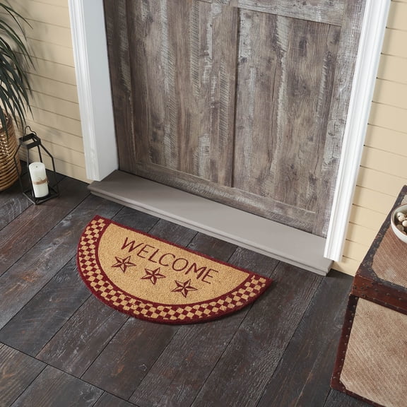 VHC Brands Burgundy Check Stars Coir Welcome Rug Half Circle 16.5x33