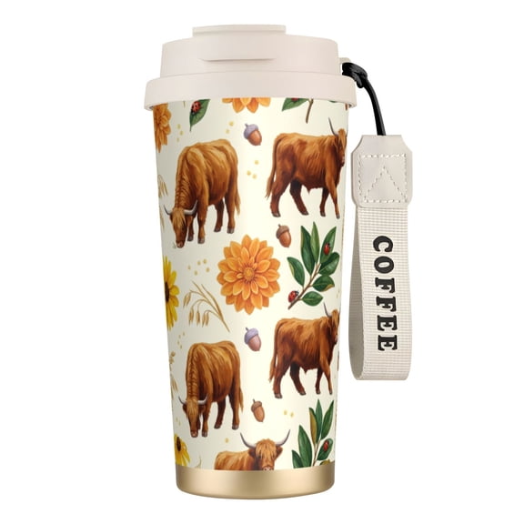 Highland Cow Coffee Mug, 18oz Leak-proof Rustic Sunflower Cow Travel Tumbler with Handle and Straw, Floral Animal Coffee Cup for Mom Holiday Gift