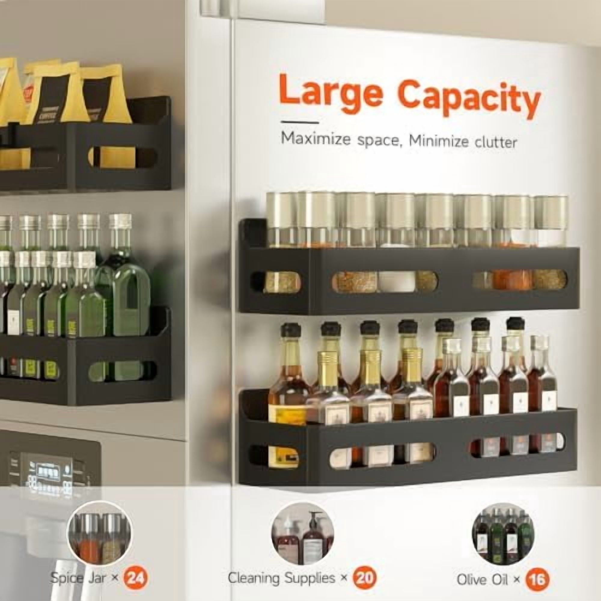 4 Pack Strong Magnetic Spice Rack for Refrigerator, Multipurpose Magnetic Shelf for Fridge with 4 Hooks for kitchen and Bathroom Organization, Black