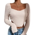 thumbnail image 1 of Camisetas recortadas con dobladillo asimétrico ajustado y cuello cuadrado para mujer, Top corto liso tejido de manga larga, 1 of 5