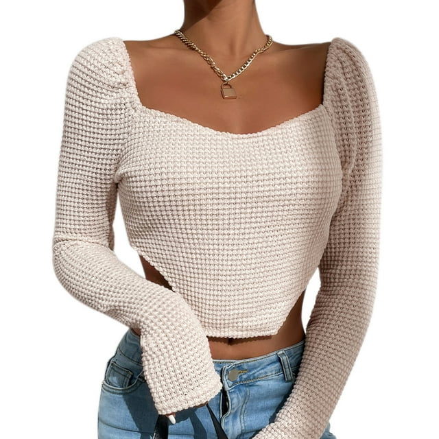 Camisetas recortadas con dobladillo asimétrico ajustado y cuello cuadrado para mujer, Top corto liso tejido de manga larga