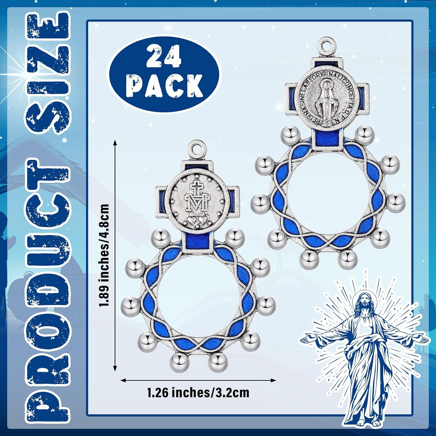 24 Pcs Finger Rosary Ring Traditional Catholic Pocket Rosary Ring Christian Medal Jewellery Crucifix Bulk Blue Keychain for Baptism Favors Prayer Accessories