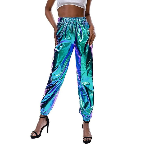 Women Shiny Metallic Pants Street Dance Party Cargo Pant High Waist ...