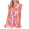 thumbnail image 1 of Blusa de manga corta con volantes y cuello en V con estampado floral para mujer a la moda Pompotops hkajfhjk467163, 1 of 7