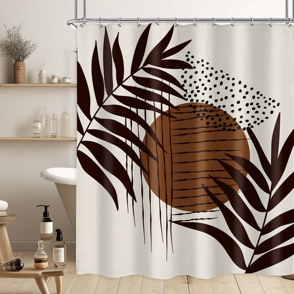 Extra Long Mid Century Modern Shower Curtain Brown Boho Shower Curtain Abstract Leaves Shower Curtain Set 72Wx84H Minimalist Geometric Bath Curtain Aesthetic Bathroom Accessories Home Decor