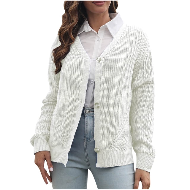 IROINID Women's V-Neck Cardigans Sweater Solid Color Loose Mid-Length Long Sleeve Button Knit Top Sweater