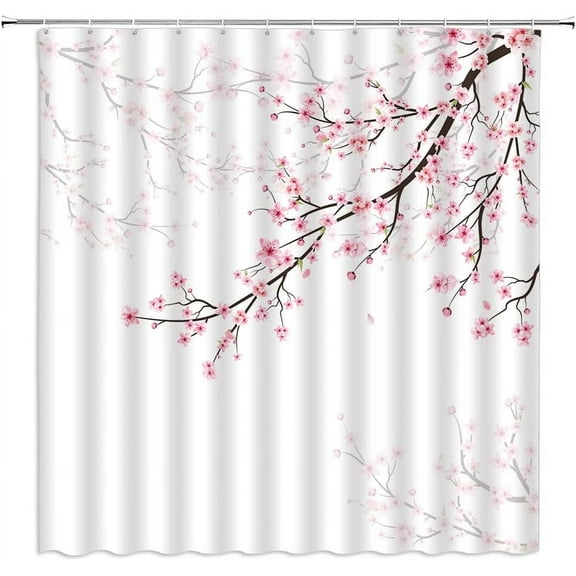 Cherry Blossom Shower Curtain Pink Floral Falling Petals Janpenese Asian Style Spring Flower Home Decor Bathroom Fabric Set with Hooks(72" WX72 H)