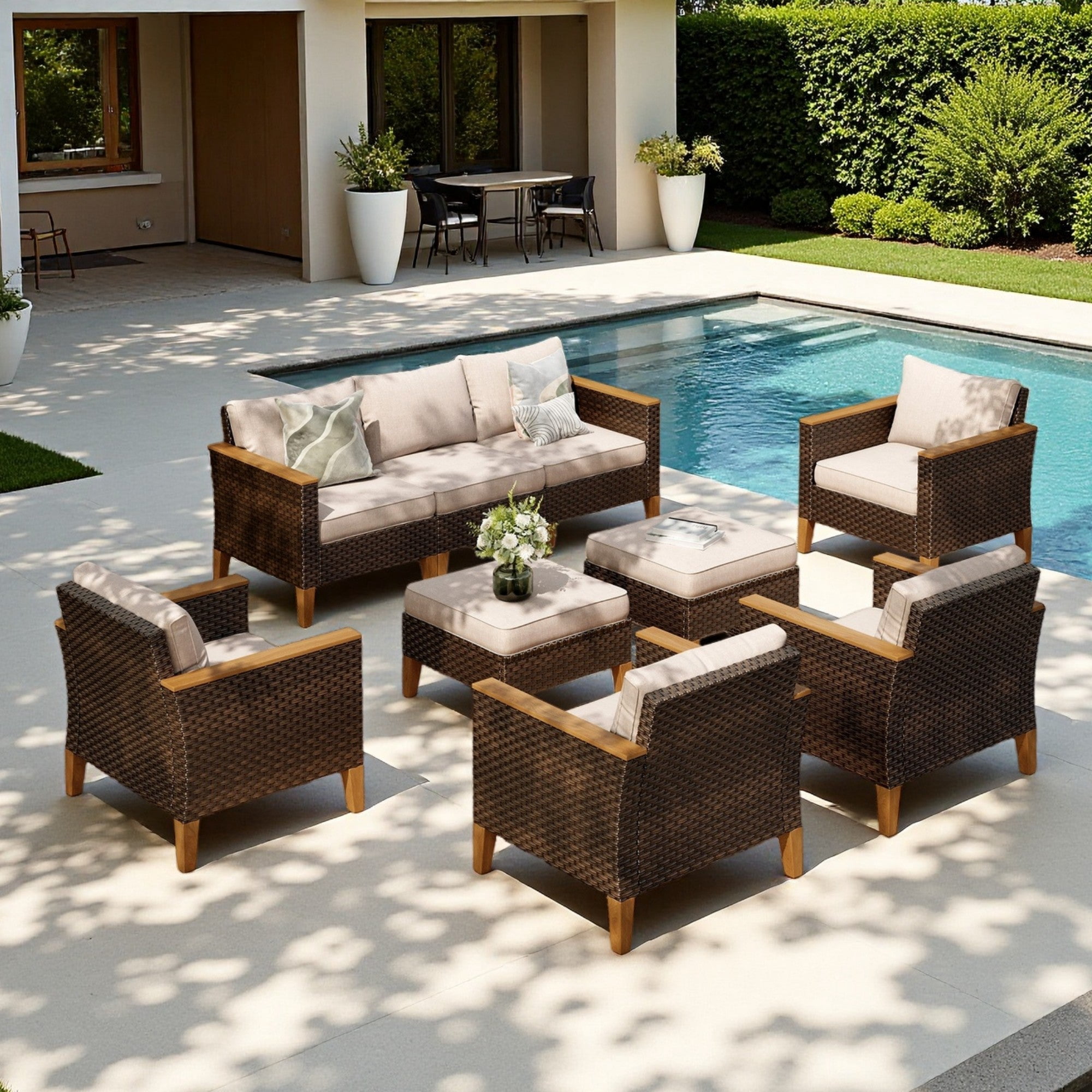 Sophia & William 9 Pieces Wicker Outdoor Conversation Set Patio Furniture Sectionals with Beige Cushions