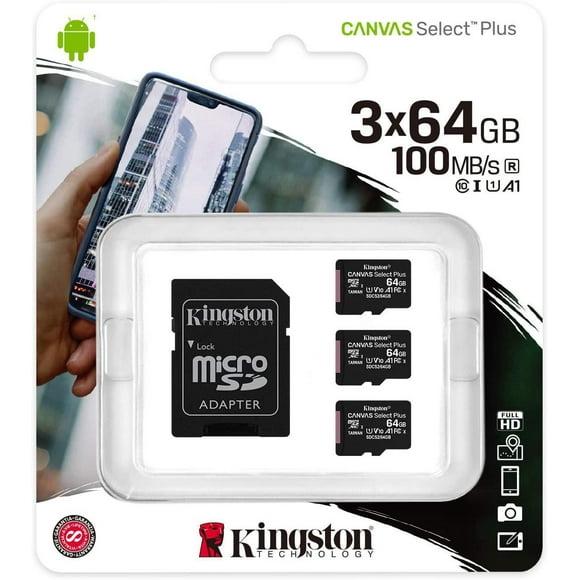 Kingston 64GB micSDHC Canvas Select Plus 100R A1 C10, 3 Pack + 1 ADP