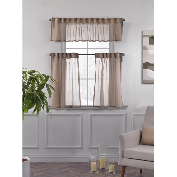 3S Brother's Sheer Curtains Kitchen Valance Set of 3 Hanging Rod Pocket Window Valance Treatments Decorative Valances Tiers Café Curtains ( Beige 50"x14"Valance - 24"x40"Tiers)