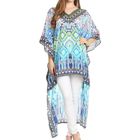 Short Caftan - Sakkas Laisson Flowy Hi Low Caftan Rhinestone Boxy V Neck Dress Top Cover / Up - MT54-Turq - One Size Regular