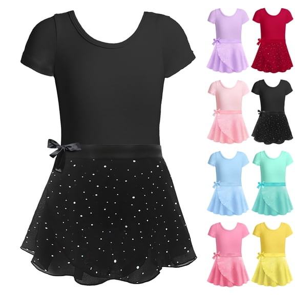 WUANDIXFA Ballet Leotards for Girls Toddler Dance Dress Outfit Combo with Skirt and Tights (Toddler/Little Kid/Big Kid) (Black, 1-2 Years)