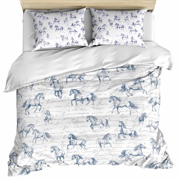 Blue Horse Bedding 3 Piece Duvet Cover Set California King, Watercolor Vintage Animals Soft Microfiber Comforter Cover with Zipper Closure & Pillowcases, Wrinkle & FadeResistant Quilt Cover
