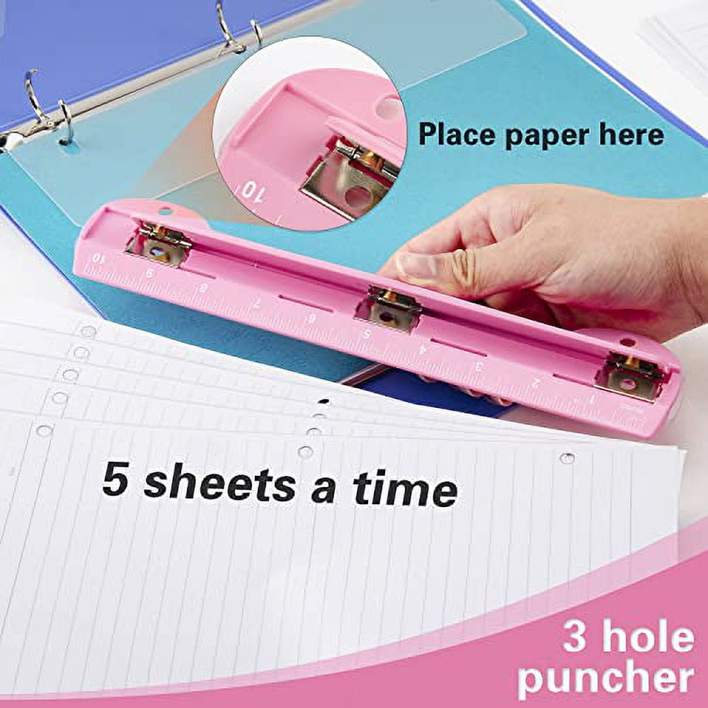 WORKLION 3 Ring Hole Puncher for Binders,Pink,with 10 Ruler, Plus