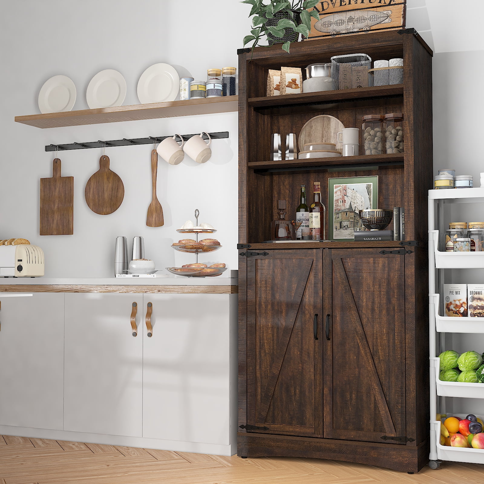 71 Tall Farmhouse Kitchen Pantry with Adjustable Shelves 5 Layers Pantry Storage Cabinet with 2 Barn Doors Load Bearing Steel Pipe for Kitchen Dining Room Living Room Brown Walmart