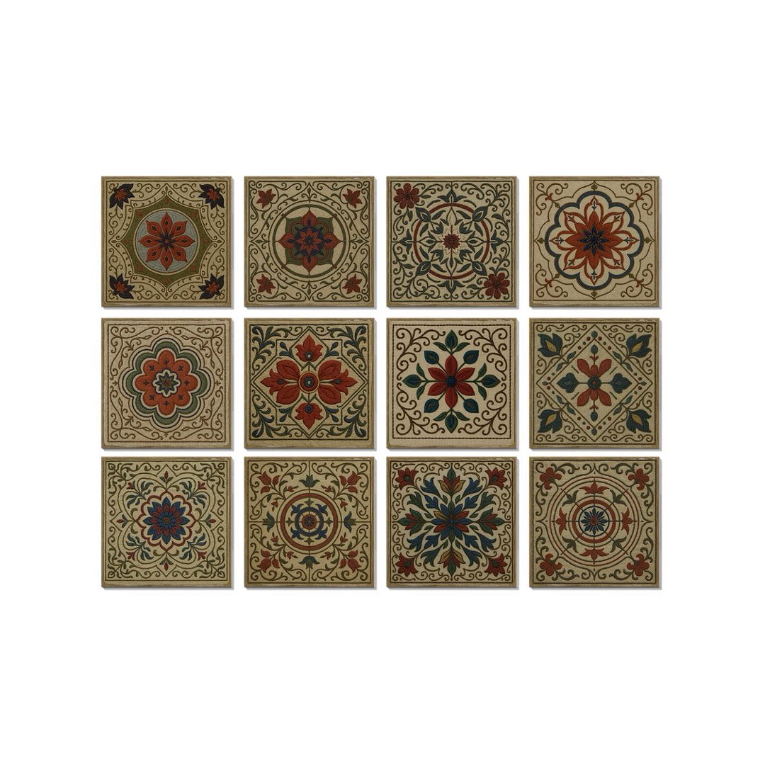 12 Pcs Foaming Board Tiles Stickers Wall Decals 5.91" x 5.91" Green Red Brown  Flowers Pattern Waterproof Peel and Stick Backsplash Mural