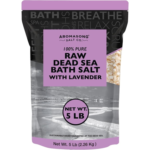 Aromasong RAW Dead Sea Salt with 100% Natural Lavender, 5 Lb, Not Cleaned, Still Contains All Dead Sea Minerals Including Dead Sea Mud, Fine Medium Grain Large Resealable Bulk Pack.