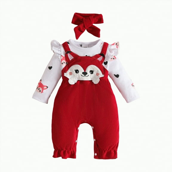 BAnala Girl Clothes Girl Outfits Ruffle Romper Cute Bow Flare Bib Pants Set Headband Outfit for Baby Girl Red,0-3 Months