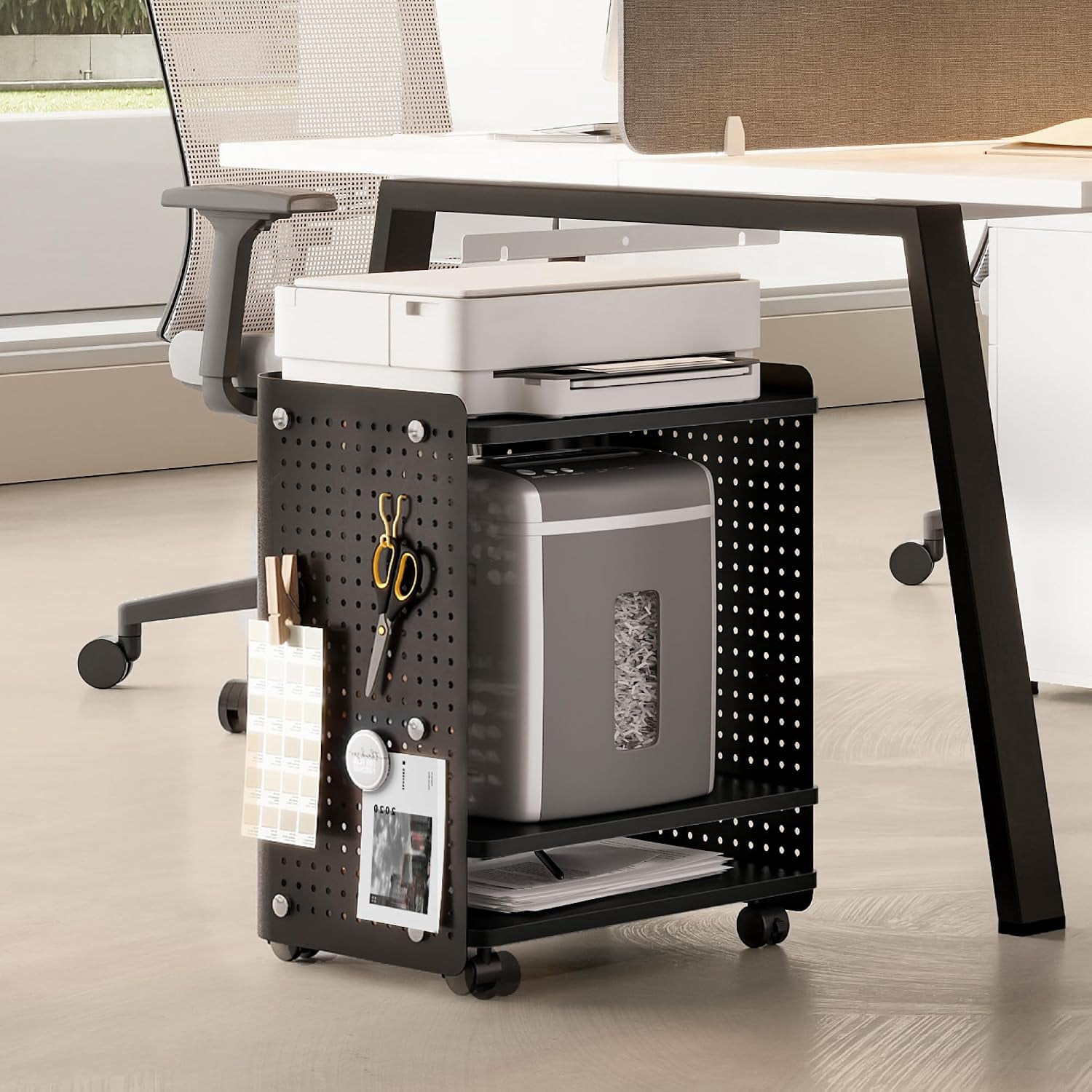 Fenge 3-Tier Rolling Printer Stand with Pegboard Storage, Black, 17.8 x 13.2 x 21.8 in