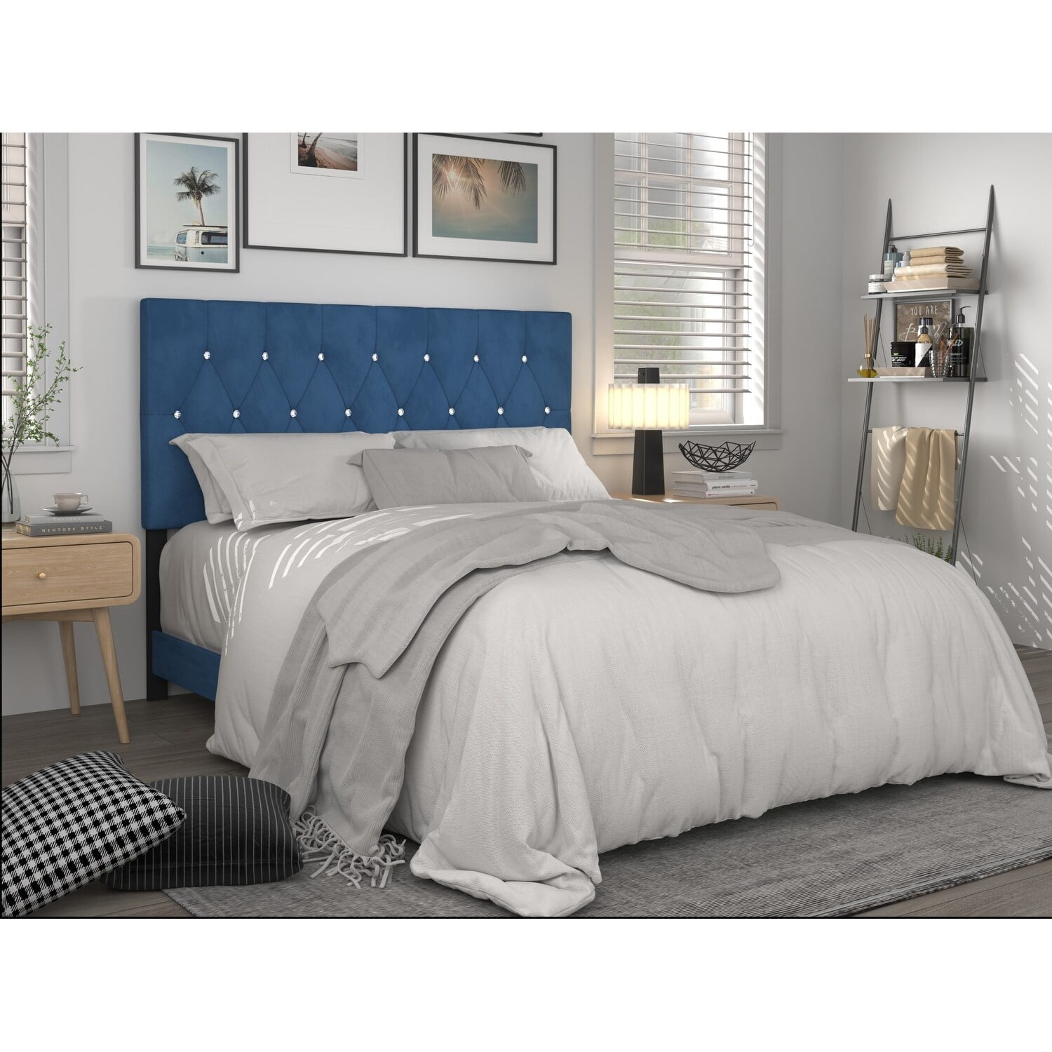 Home Design Concetta Twin Tufted Upholstered Adjustable Headboard, Blue, Velvet with Diamond Button Tufting, Modern Bedroom Furniture