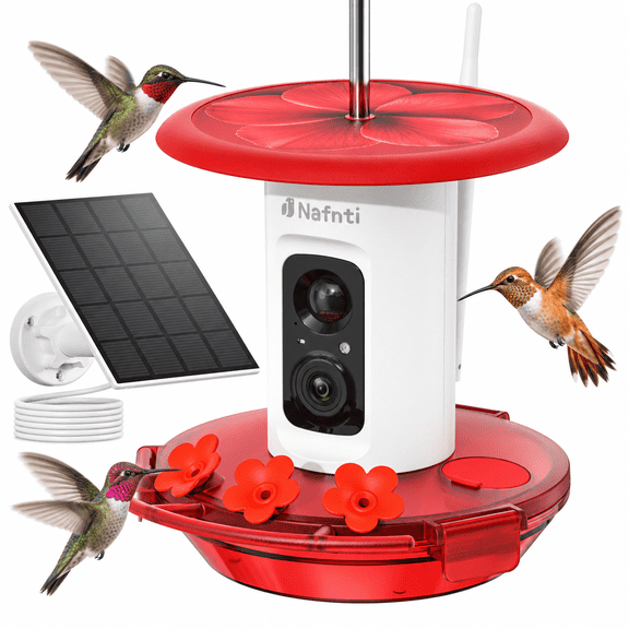 Nafnti Hummingbird Feeder with Camera, Smart Hummingbird Feeder with 3K HD Video, AI Identify 300 Species, Solar Powered Wireless Outdoor Bird Camera, IP65 Waterproof, for Bird Watching Gift
