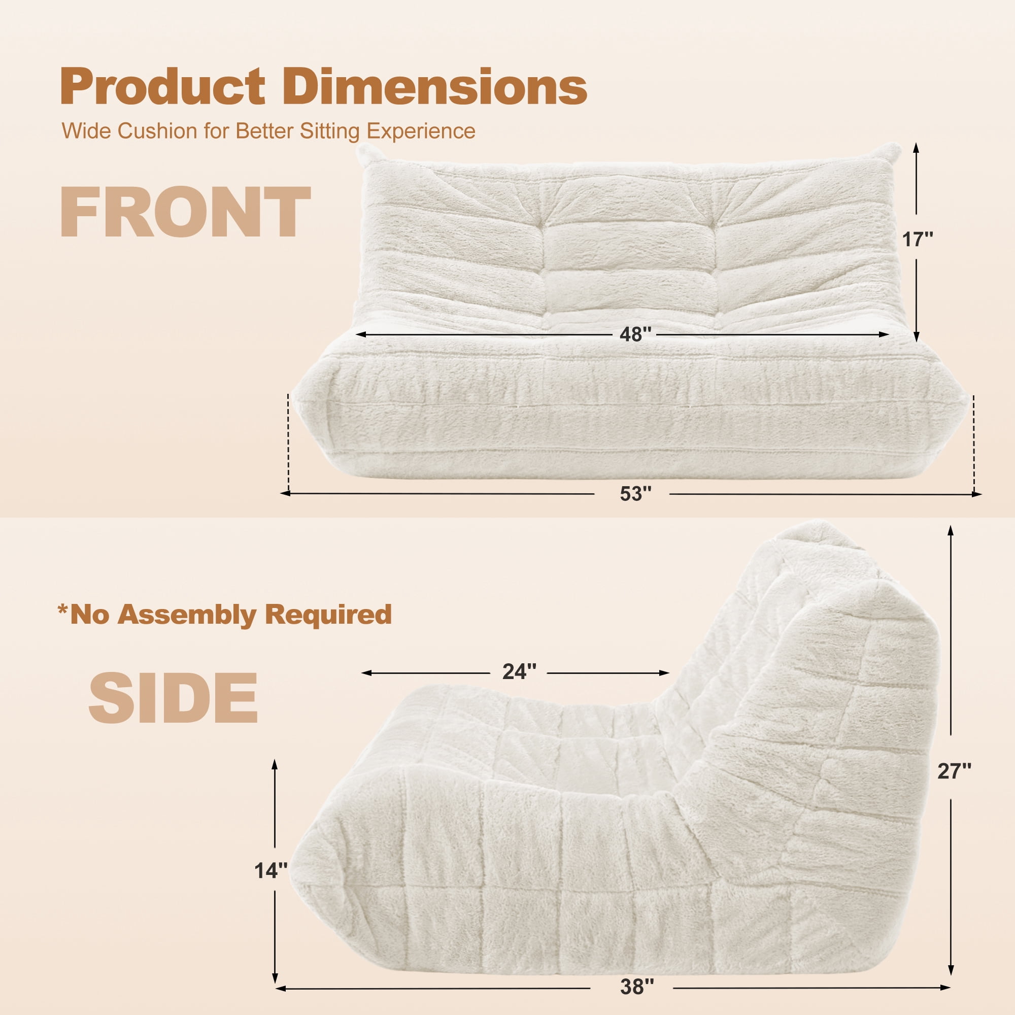 HARIPUL Bean Bag Loveseat Chair, Memory Foam Filled Plush Sofa Beanbag for Adults, Lounge Chair for Home or Gaming Room, Beige Plush