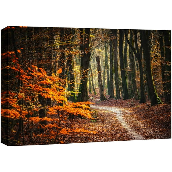 wall26 Canvas Print Wall Art Autumn Fall Orange Leaf Forest Tree Trail Nature Wilderness Photography Realism Earth Scenery Rustic Scenic Landscape Colorful for Living Room, Bedroom, Office - 32"