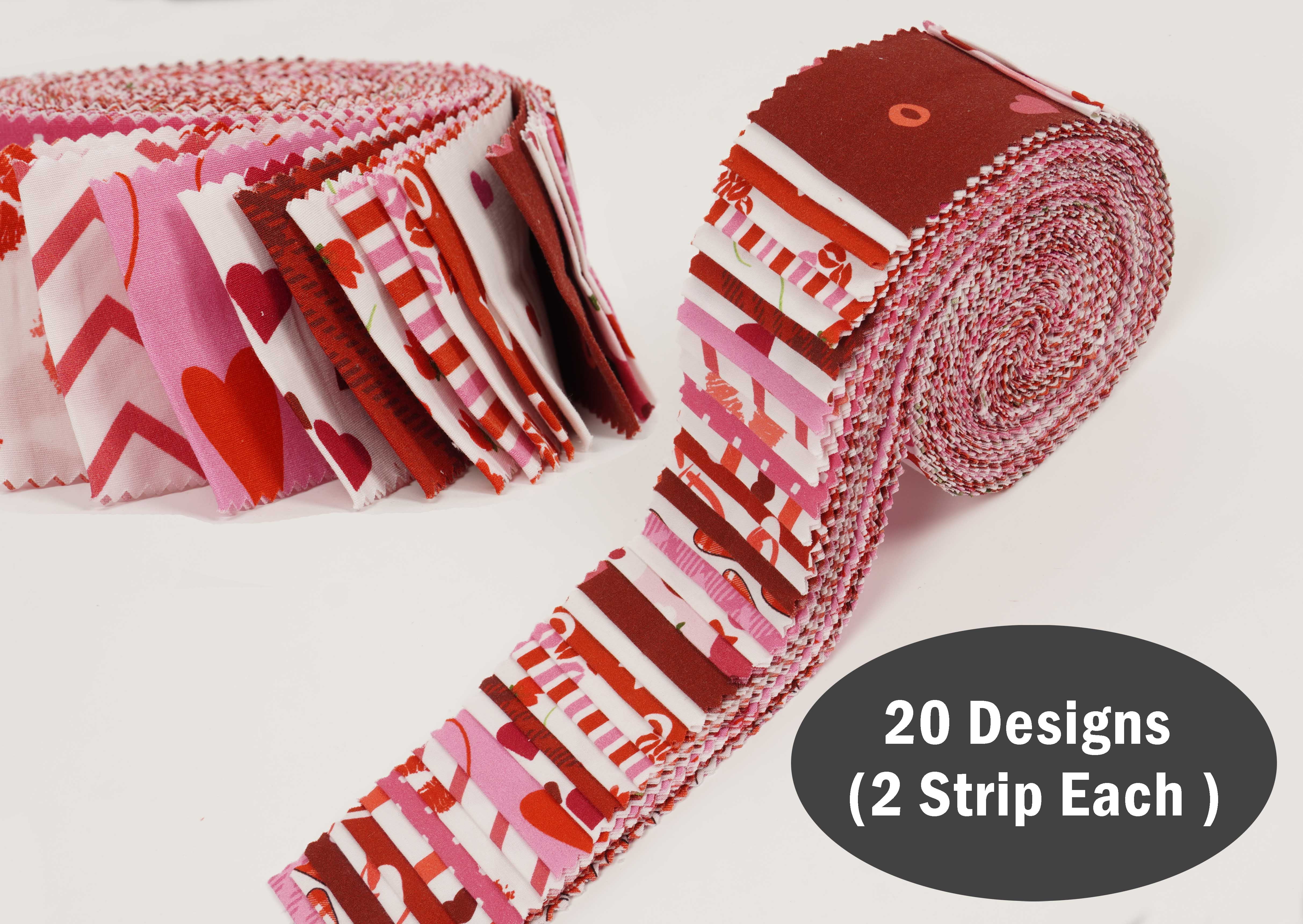 Soimoi 40Pcs Valentine Print Cotton Precut Fabrics For Quilting Craft Strips 2.5x42 inches Jelly Roll - Pink-White & Red