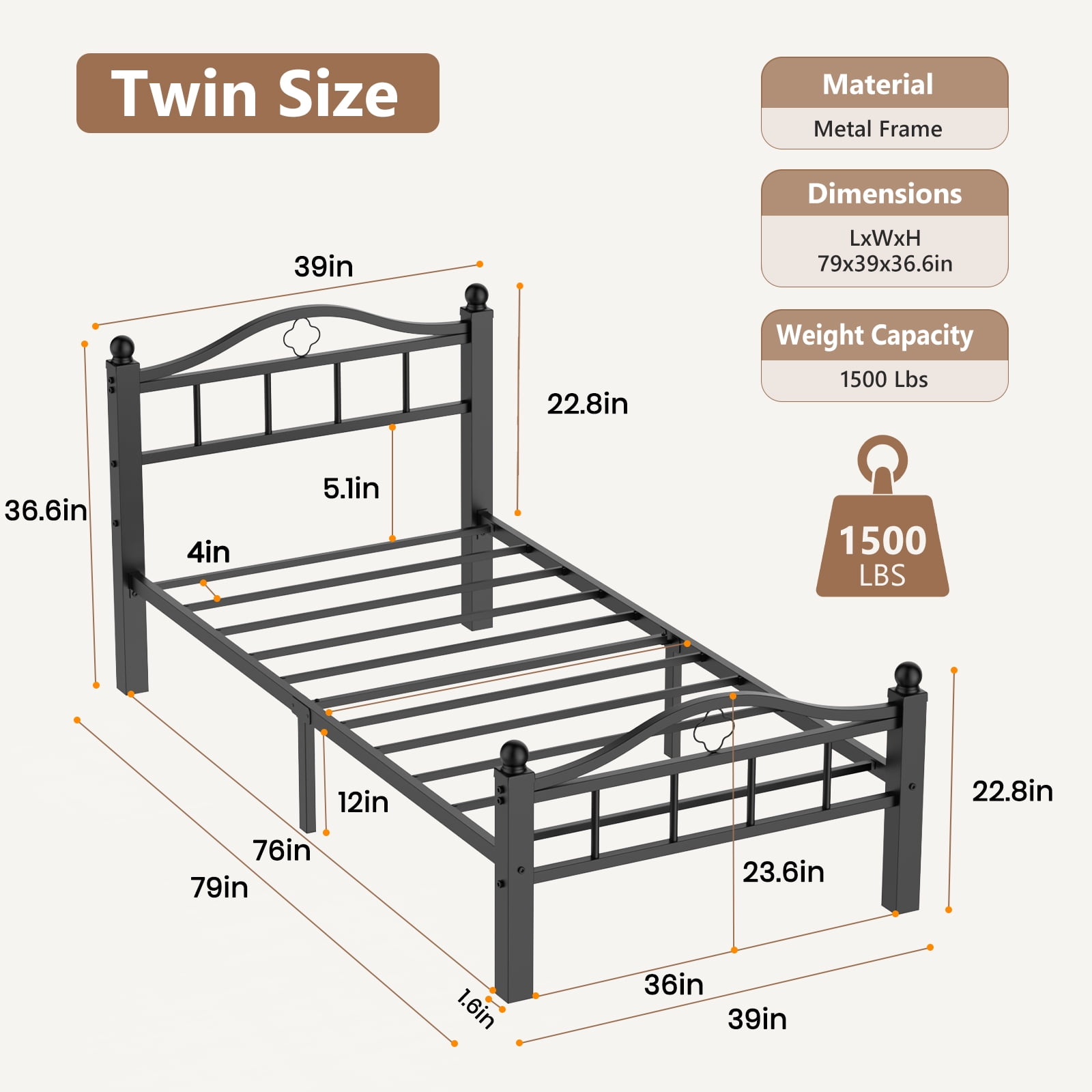 Twin Bed Frame, No Squeak Heavy-Duty Twin Size Bed Frame with Headboard 1500lbs Support & 12" Clearance Storage Tool-Free Setup in 30 Mins for Studios, Dorms, Frequent Movers