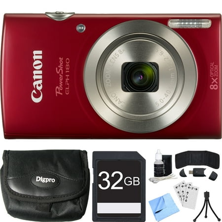 - Canon PowerShot ELPH 180 20MP HD Red Digital Camera 32GB Card Bundle includes Camera, 32GB Memory Card, Reader, Wallet, Case, Mini Tripod, Screen Protectors, Cleaning Kit and Beach Camera Cloth