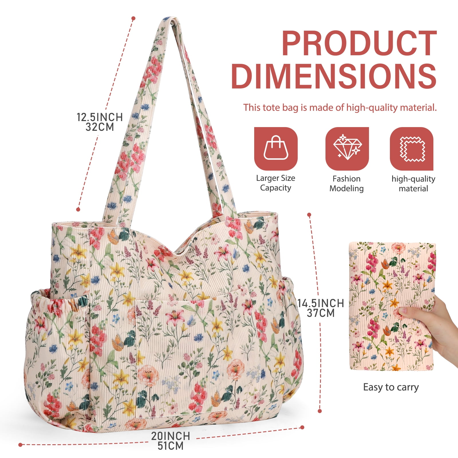 Gocvo Multiple Pockets Corduroy Bag, Large Tote Bag for Women, Ladies Bag Casual Hobo Handbags(Retro Flower)