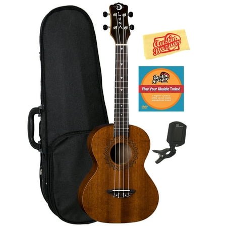 Luna Vintage Mahogany Tenor Ukulele Bundle with Hard Case, Tuner, Austin Bazaar Instructional DVD, and Polishing Cloth