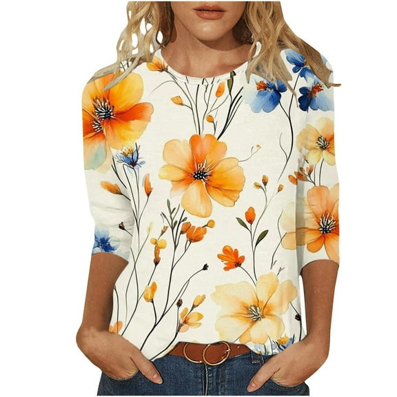 Mittory Womens 3/4 Sleeve Tops Casual Shirts for Women Summer Flower Printed T Shirt Crewneck Floral Tee