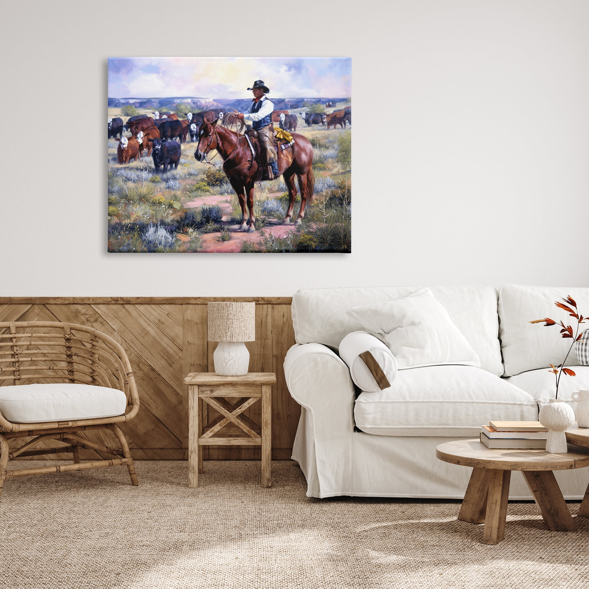 Stupell Industries Cowboy Herding Cattle Ranch Animals & Insects Painting Gallery Wrapped Canvas Print Wall Art, 48 x 36