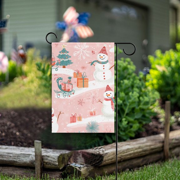 Yayeee Garden Flag 12" x 18" Double Sided Outdoor Yard Lawn Holiday Decorations, Pink Christmas Snowman