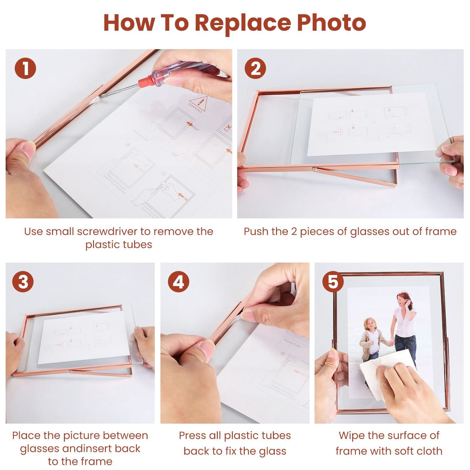 2Pcs Standing Rose Gold Metal Picture Frames 5x7IN 8x10IN Vertical Tabletop Floating Photo Frame
