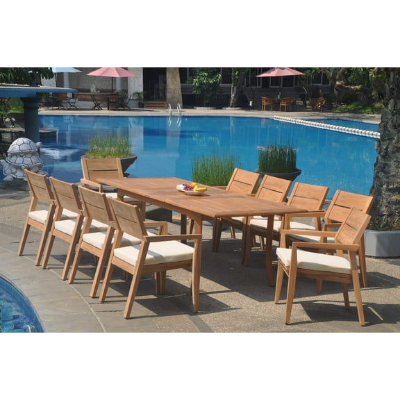 Grade-A Teak Dining Set: 10 Seater 11 Pc: 94" Double Extension Rectangle Table And 10 Vellore Stacking Arm Chairs Outdoor WholesaleTeak #WMDSWVm