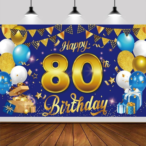 80th Blue Gold Birthday Backdrop Happy Birthday Photography Background Banner for Gold Birthday Party Backdrop