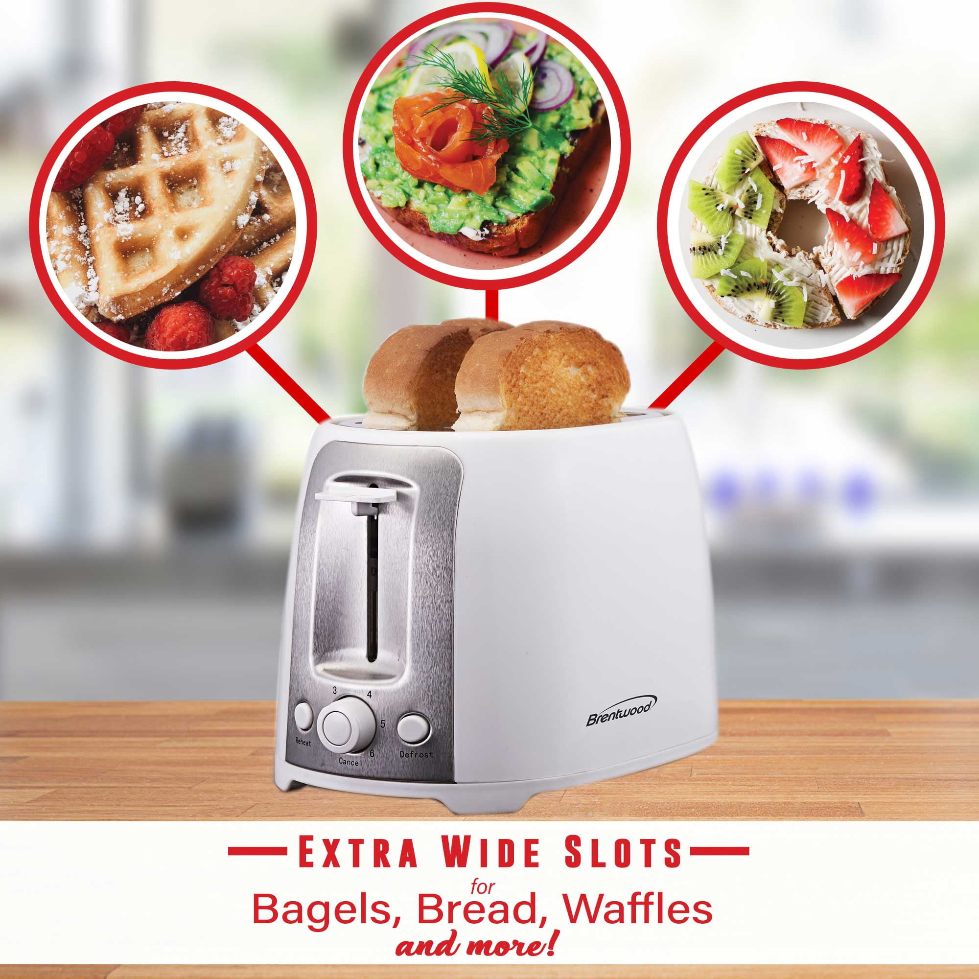 Brentwood 2-Slice Cool-Touch Toaster with Extra-Wide Slots (White and Stainless Steel)