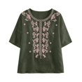 thumbnail image 4 of Vinsonshop Cotton Linen Embroidery Peasant Blouses for Women Crewneck Short Sleeve Floral Shirts Casual Flowy Tunic Lightweight Loose Fit Basic Summer Everyday Clothes Green XXL, 4 of 5