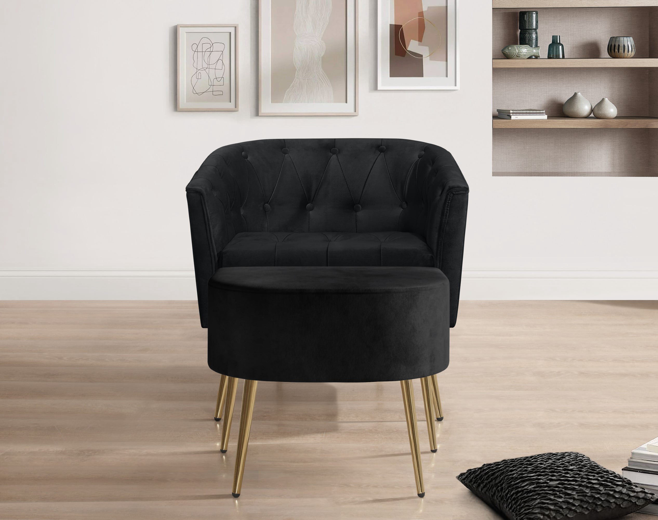 Home Design 2-Piece Cassy Velvet Flared Arm Living Room Furniture Set with Chair with Stool, Loveseat with Coffee Table, Black