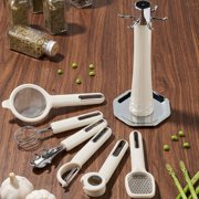 7 Piece Stainless Steel Kitchen Gadget Set with Rotating Storage Stand, Complete Cooking Tool Kit Includes Grater Peeler Can Opener Tongs Whisk and Sieve