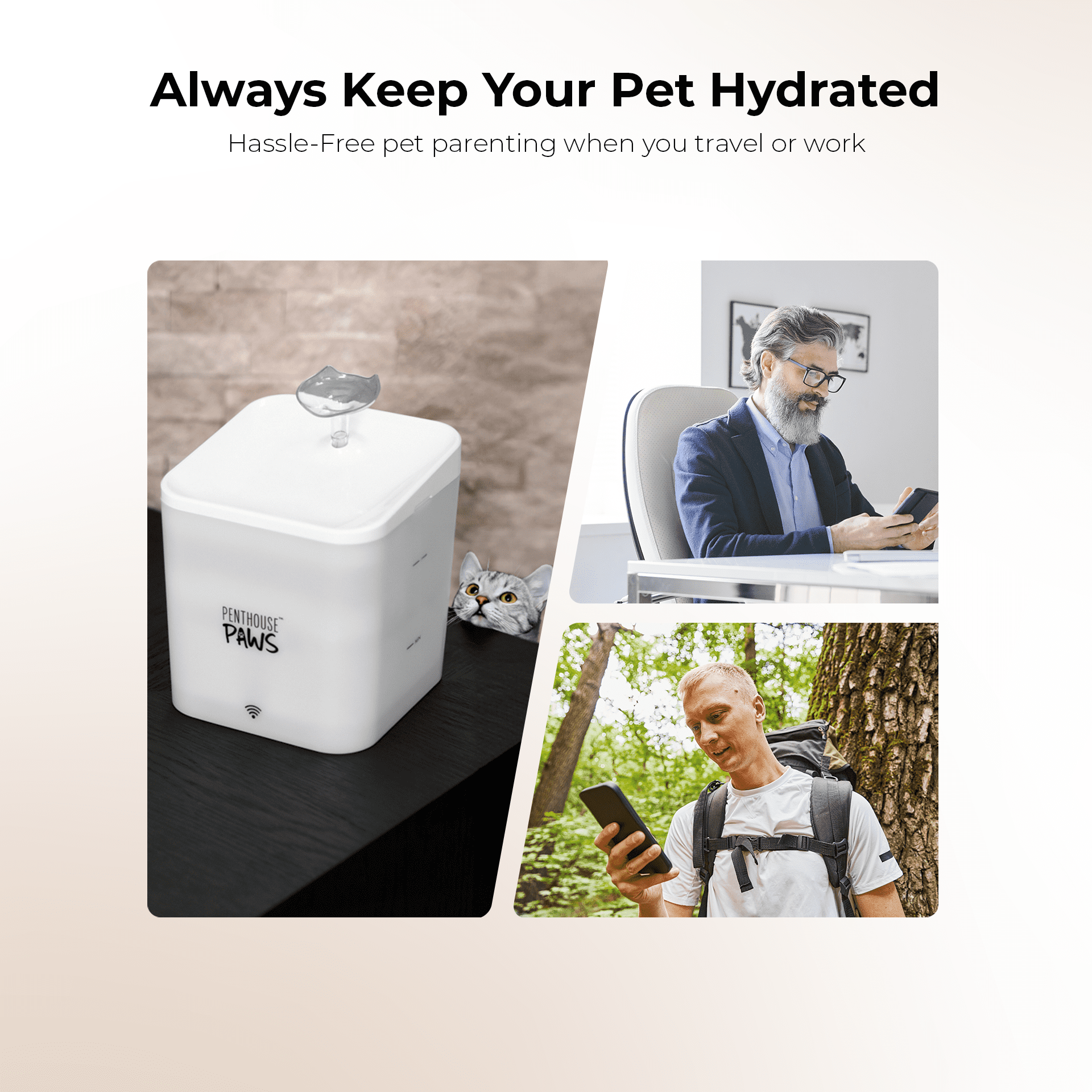 Penthouse Paws Smart Pet Water Fountain for Cats and Dogs, App Controlled, 5-Stage Filtration, 2.2L, White