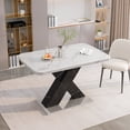 thumbnail image 3 of Modern Square Dining Table, Stretchable Design with White Marble Printed MDF Top & Black X-Shaped Metal Legs (Space-Saving Expandable Kitchen Dining Furniture for Home), 3 of 9
