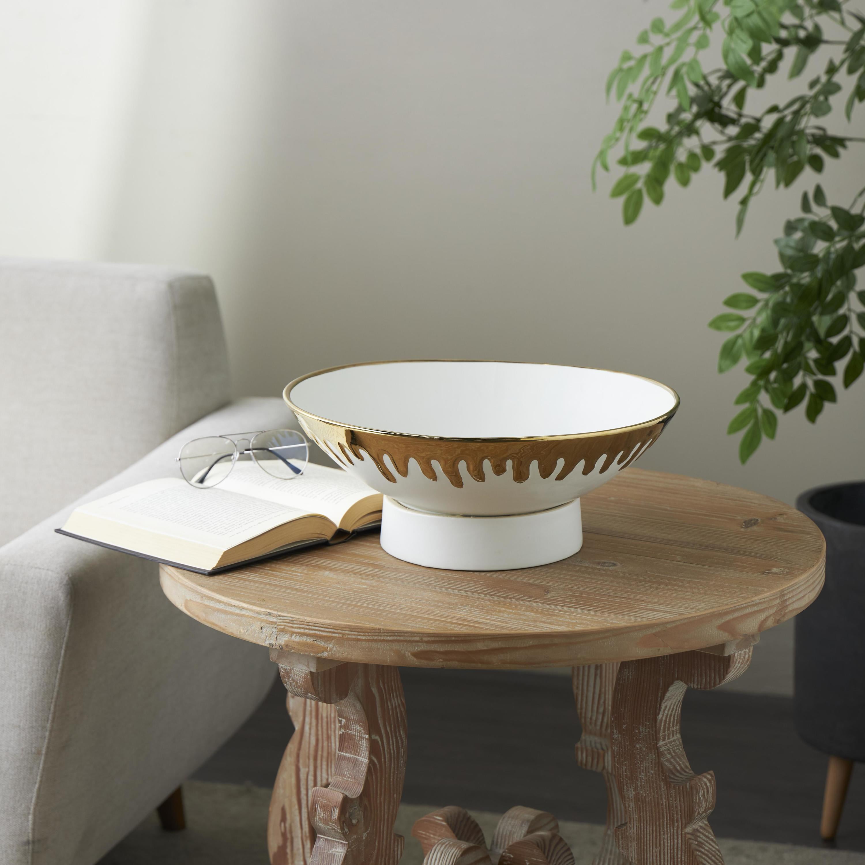 CosmoLiving by Cosmopolitan 15" Round White Ceramic Decorative Bowl with Abstract Gold Melting Drips