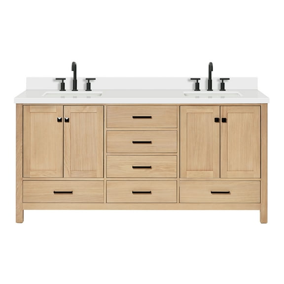 ARIEL Cambridge 73 Inch Double Rectangle Sink Bathroom Vanity With Pure White Quartz Countertop 1.5 Inch Edge In Oak