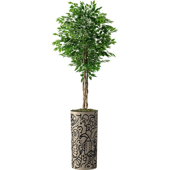 Artificial Tree in Contemporary Geometric Planter, Fake Ficus Silk Tree for Indoor and Outdoor Home Decoration - 75" Overall Tall (Plant Pot Plus Tree)