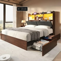 VanAcc Queen Farmhouse Bed Frame with Bookcase Headboard and 4 Drawers, LED Storage Bed with Charging Station & Linen Upholstered, Reclaimed Barnwood