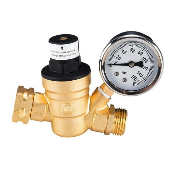 RV Water Pressure Regulator Valve, Brass Lead-Free Adjustable Water Pressure Reducer with Gauge and Inlet Screen Filter for RV Camper Travel Trailer