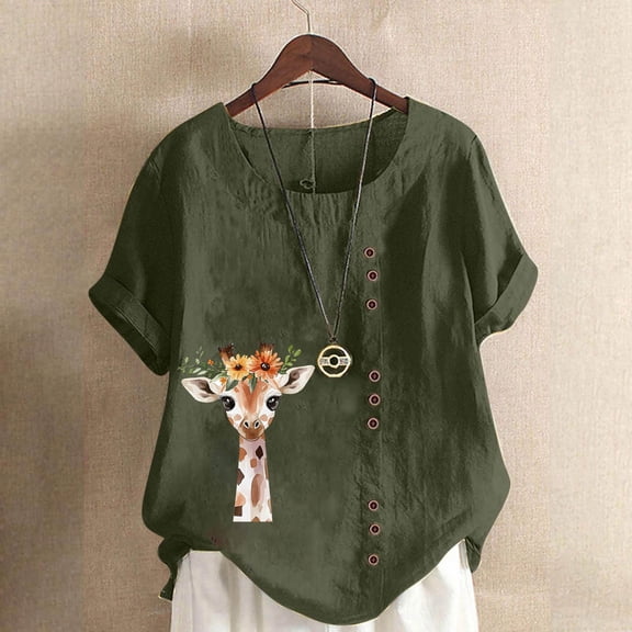 Vmvidoty Womens Tops Dressy Casual Summer Short Sleeve Floral Print Button Shirts for Women Trendy Cotton Linen Plus Size Round Neck T-Shirts Blouses for Women Plus Tunic Army Green XXL